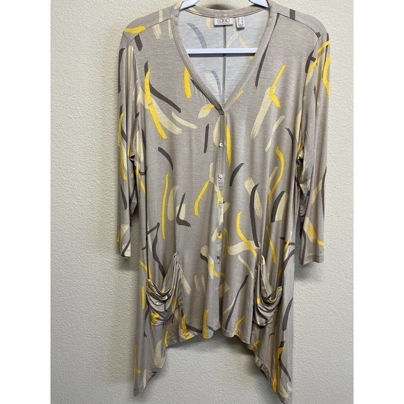 LOGO by Lori Goldstein Button Front Cardigan Pockets Size L Taupe 80's Graphic - Picture 10 of 12